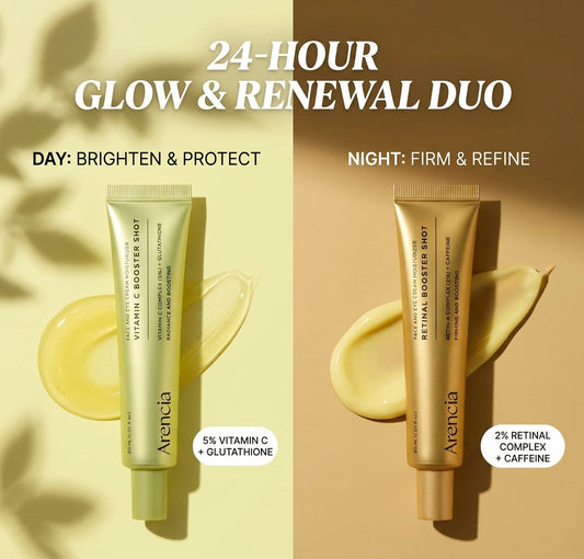 Arencia 24-Hour Glow Renewal Duo featuring Vitamin C and Retinal Booster Shots